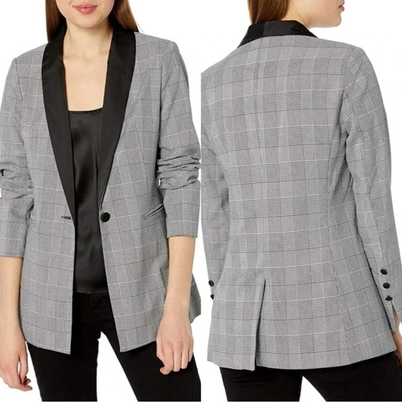 NANETTE LEPORE Glen Check plaid satin shawl collar longline blazer women’s 8 - Picture 10 of 12
